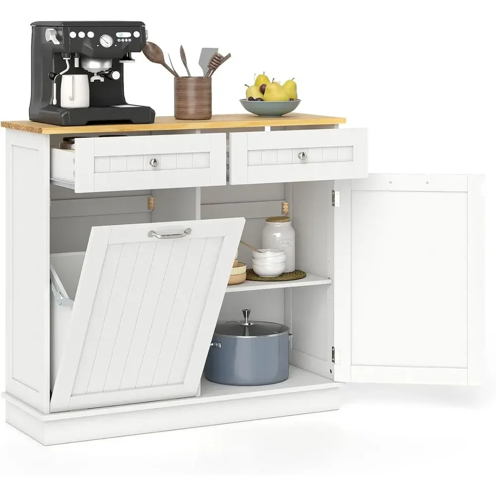 

Kitchen Island Table with Solid Wood Top, 2 Drawers, Adjustable Shelf, Hidden Laundry Hamper, Pet-Proof Trash Can, Living/Dining