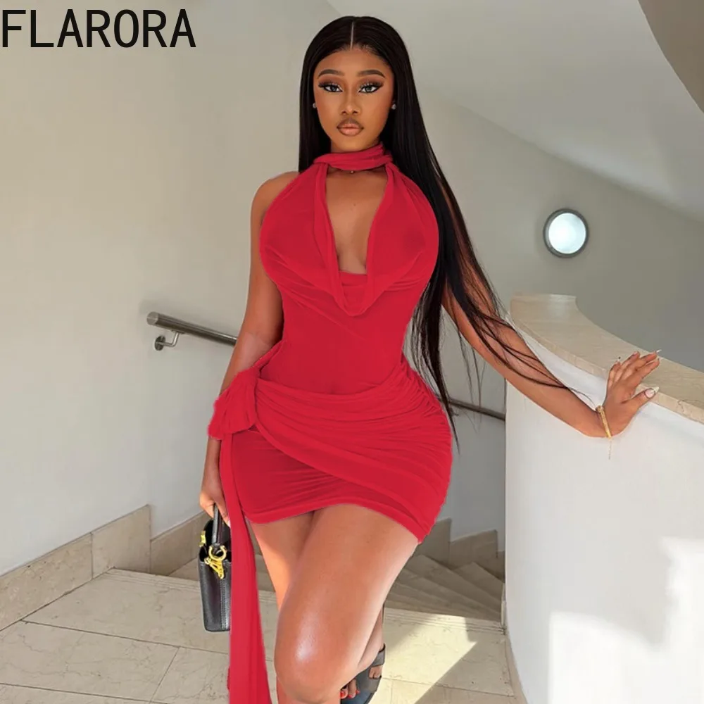 

FLARORA Sexy Mesh See Through Dress Woman Halter Swing Collar Sleeveless Ruched Ribbons Bodycon Dresses Beach Vacation Clubwear
