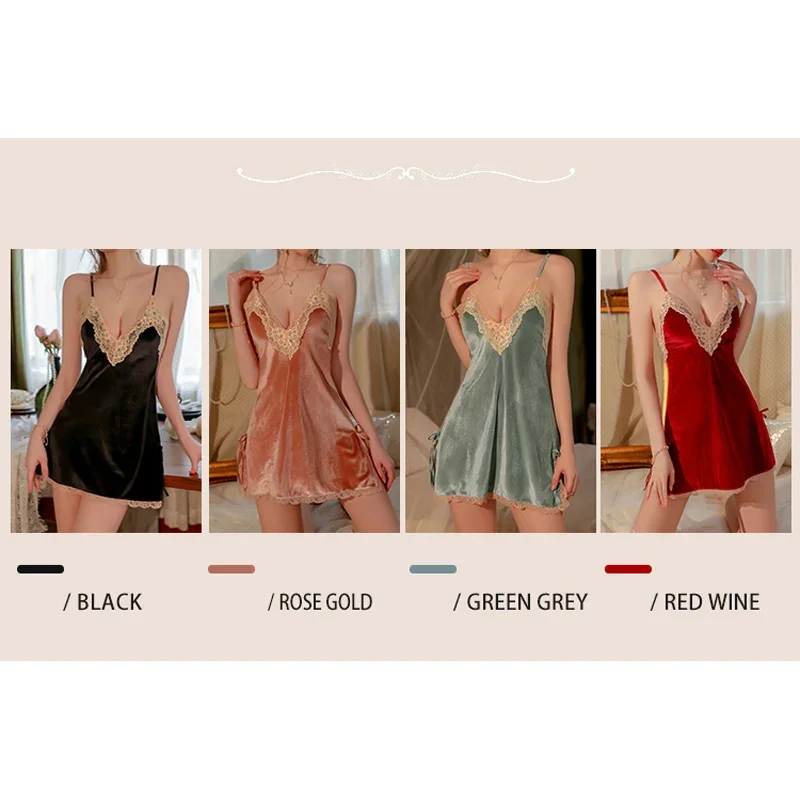 REBEYULI 2 Piece Sets Women Sleepwear Autumn Deep V Velvet Lace Loungerwear Female Backless Suspenders Robe Gown Women Underwear