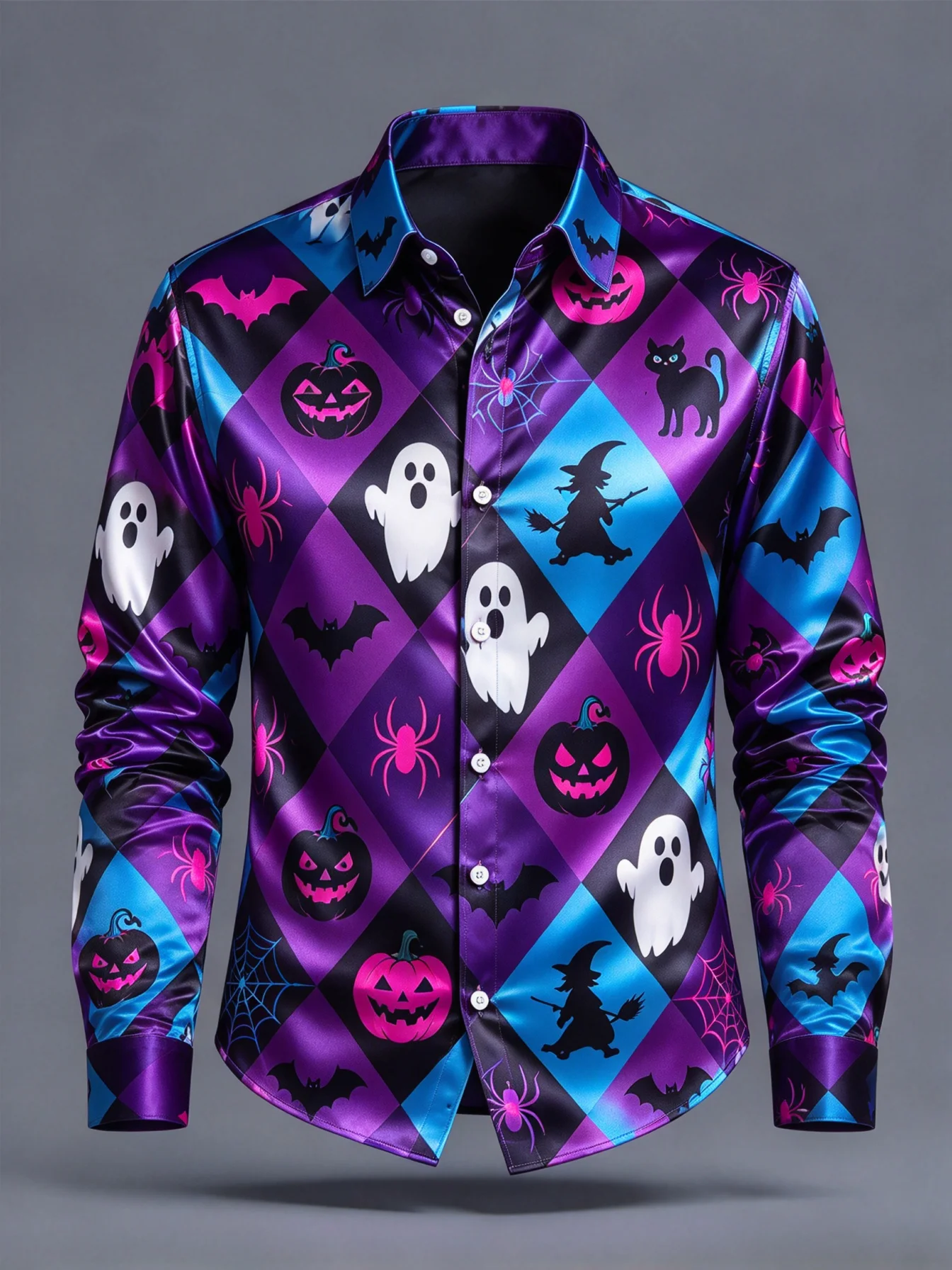 Men Satin Long Sleeve Button Up Shirt Halloween Pumpkin Ghost Witch Black Cat Print Lapel Shirt Holiday Party Slim Fit Tops