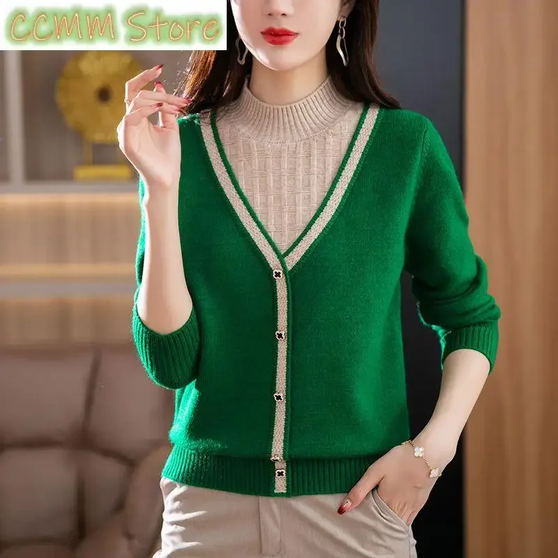 

New Fashion Fake Two Piece Color Block Sweaters Spring Autumn Mock Neck Simple Loose Knitted Long Sleeve Pullovers Top