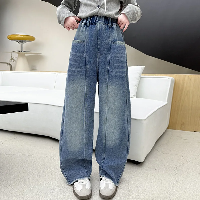 جديد الخريف الفتيات الجينز الأطفال محايد الكورية تنوعا فضفاض مستقيم الجانب الحرفية الخياطة الجينز بنطال أولادي