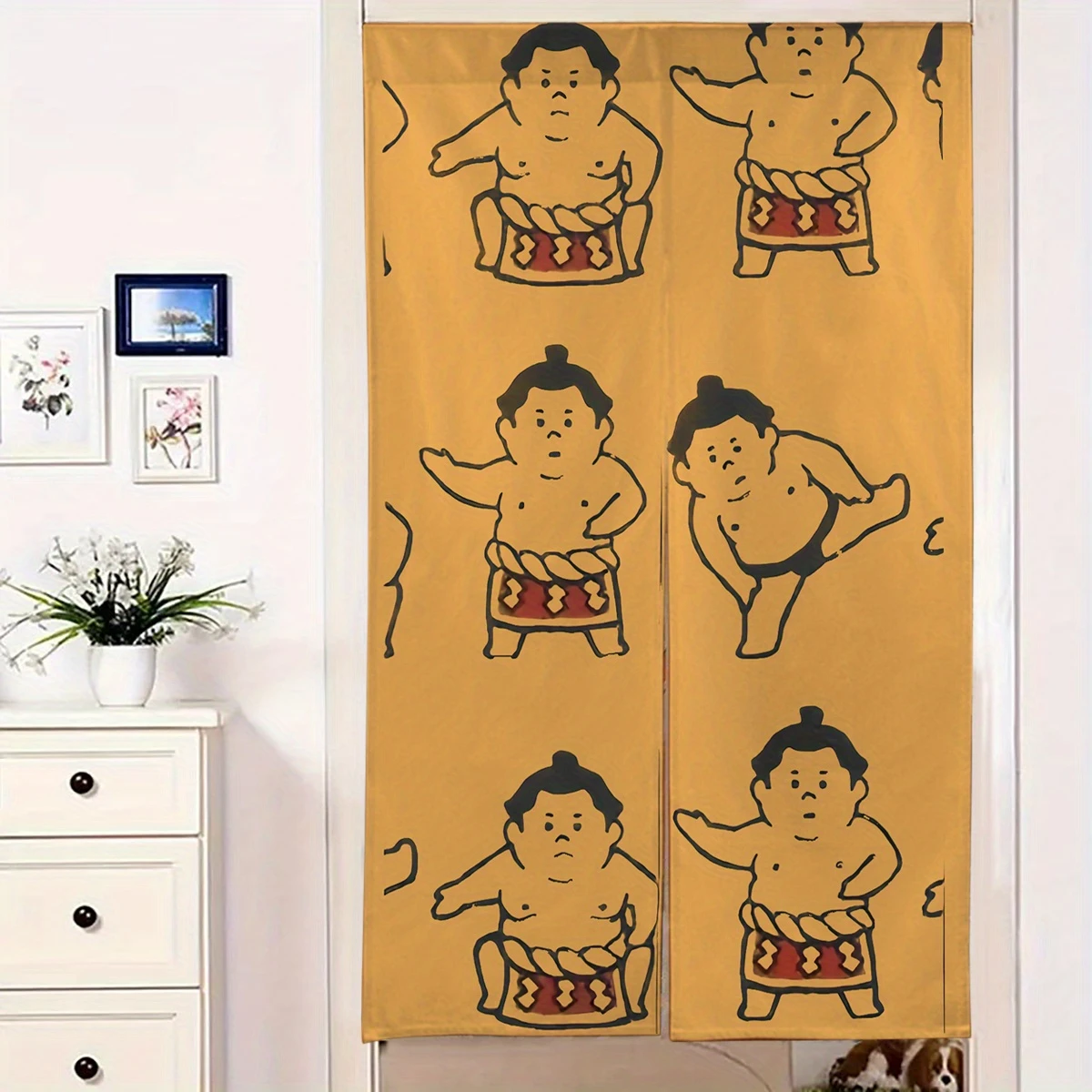 Cartoon Sumo Wrestler Half-Length Curtain, Traditional Japanese Sport-Printed Grease-Resistant Room Divider, Kitchen Home Decor