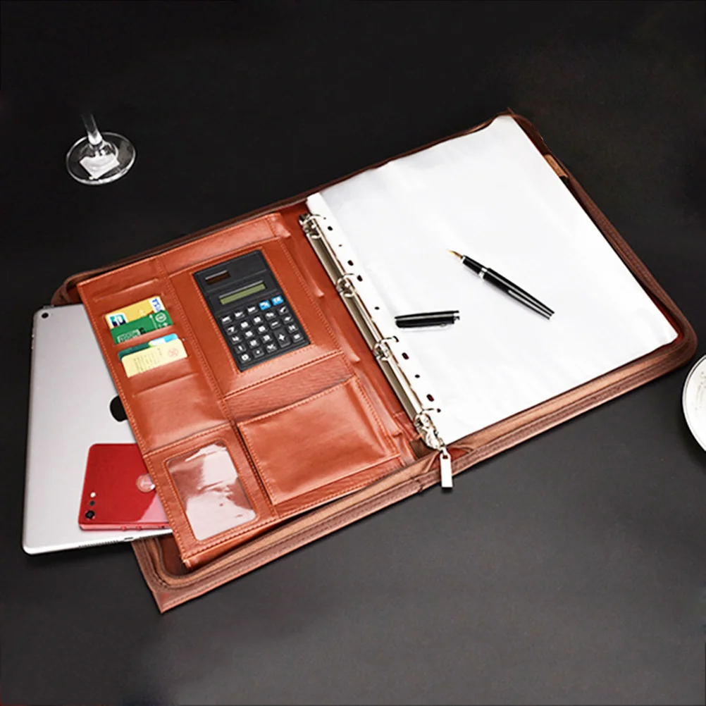 

Коричневый многофункциональный портативный бизнес-портфель формата А4 из искусственной кожи, папка для файлов на молнии, калькулятор вознаграждения, бизнес-портфель