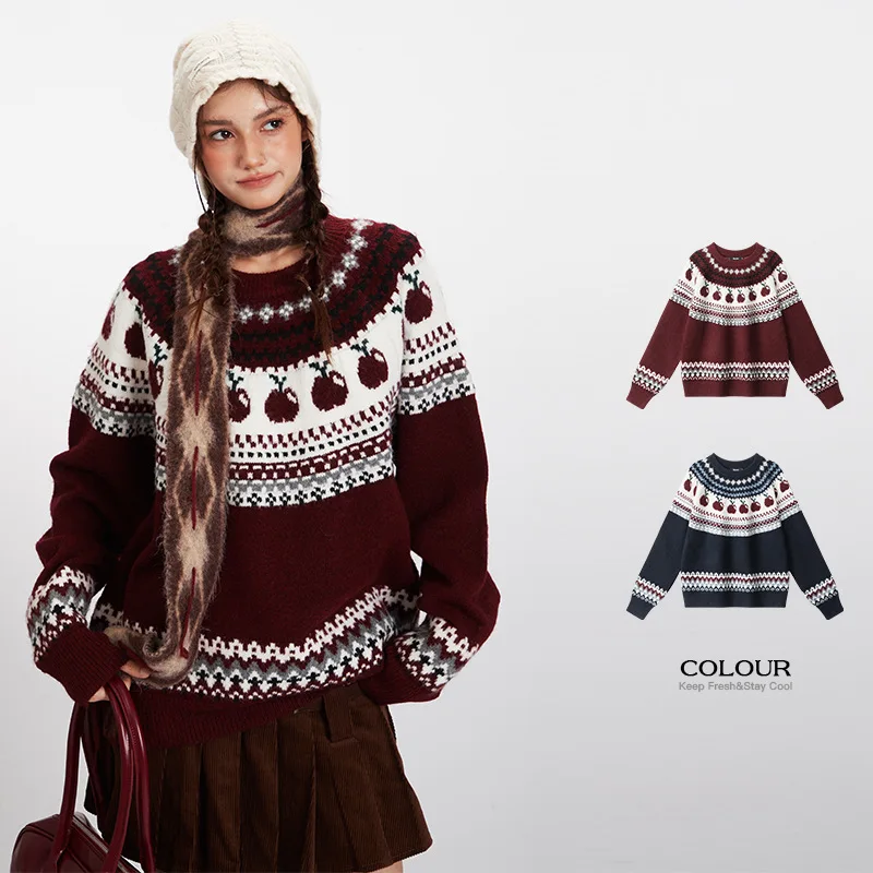 

Zekye Women's Tops Pulls Femmes Fair Island Vintage Crew Neck Sweater Pullover Knitted Sweater Winter Clothes Woman