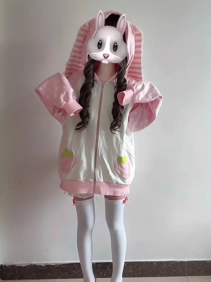 

Onalippa 2025 New Japanese Yameng Contrasting Striped Hoodie Women INS Lace Rabbit Ear Loose Versatile Cardigan Jacket