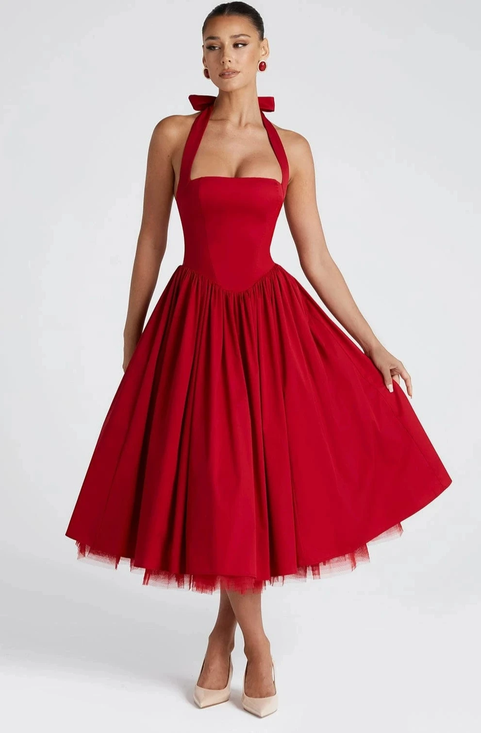 

New Temperament Elegant Halter Neck Party Dresses Women Solid Color Bowknot Backless A-line Puffy Evening Dress