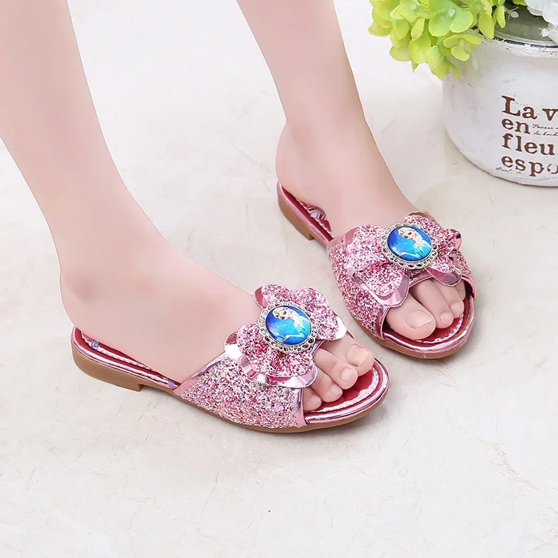 Children\'s Slipper for Girls Summer Princess Open-toe Flat Slippers Fashion Sequins Bowtie Fashion Causal Kids Frozen Elsa Soft