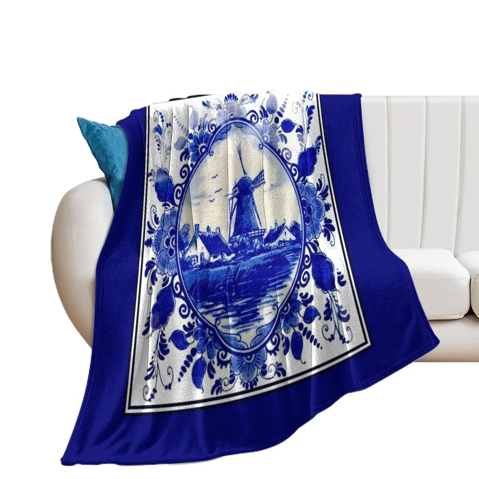 DUTCH BLUE DELFT : Vintage Windmill on River Print Throw Blanket for winter For Baby Hair Bed covers Blankets