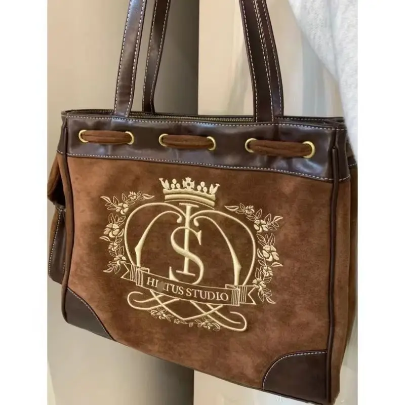 Bags For Women Trend 2024 Suede Art Retro Flower Letter Crown Embroidered Tote Lolita Bag Casual Shoulder Bag Ladies Bags