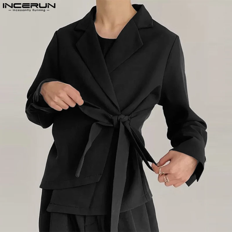 INCERUN Tops 2024 Korean Style New Mens Fashion Lace Up Design Cardigan Shirts Casual Simple All-match Long Sleeved Blouse S-5XL