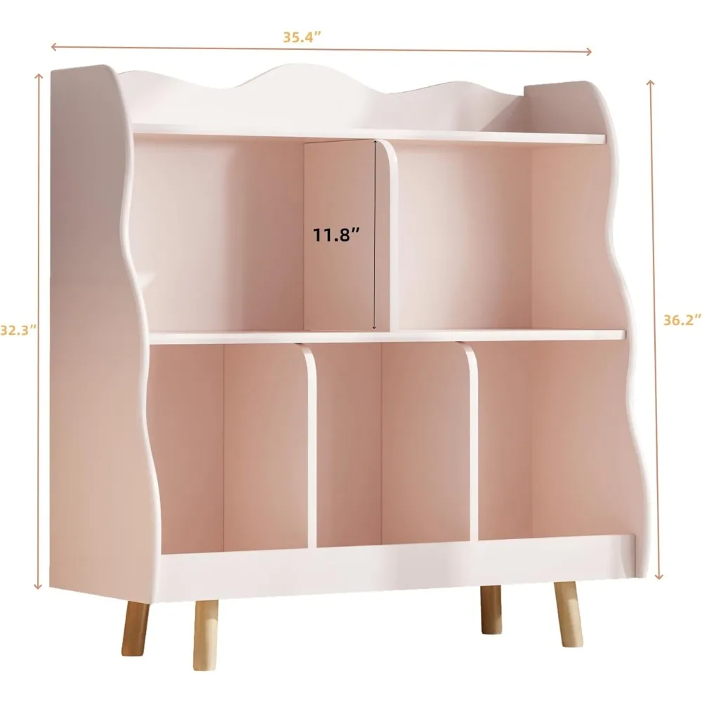 رف كتب خشبي منحني للأطفال مكون من 3 طبقات ومنظم ألعاب مع 5 مكعبات تخزين