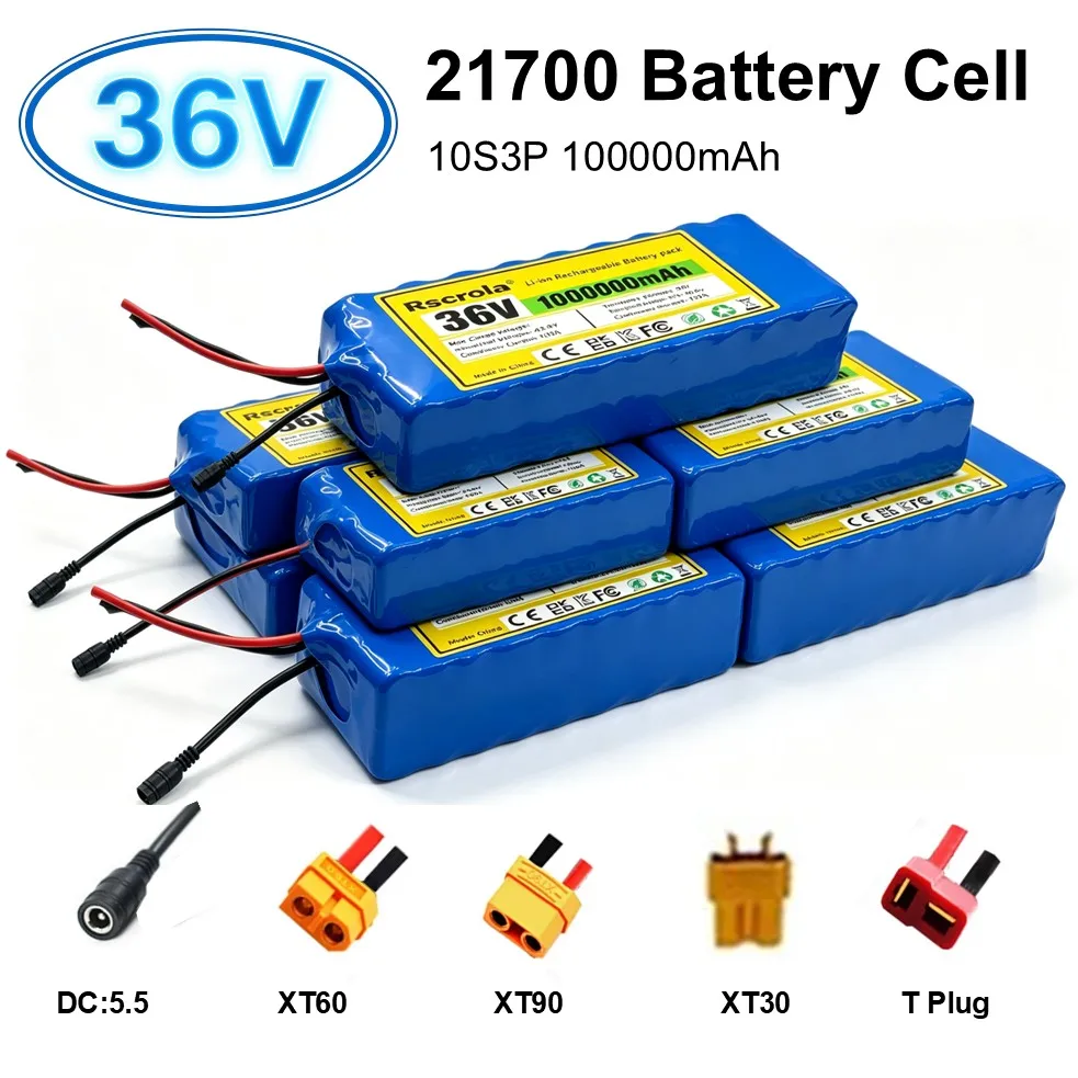 Long-lasting 100Ah 36V Li-ion 21700 Battery Pack with Charger, DC TX60 TX90 TX30 T Plug, for Electric bicycle, Electric scooter