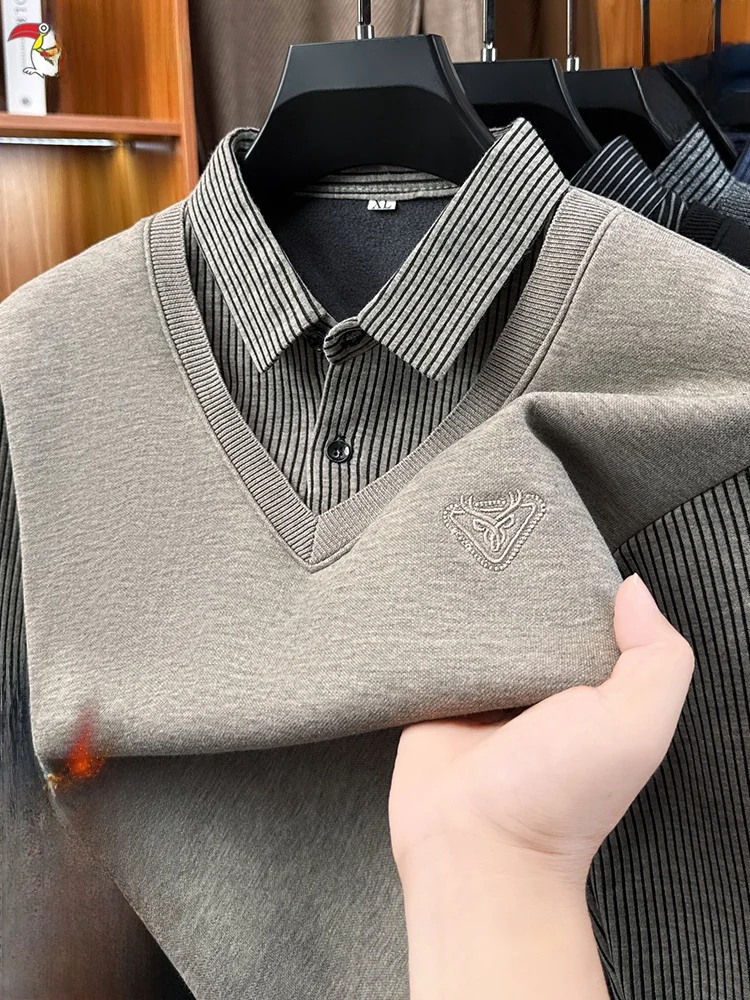 

Thiened Fce Зимний свитер для мужчин среднего возраста Dad Sle с воротником из двух предметов, теплый топ, повседневный вязаный длинный свеч irt