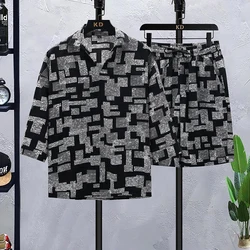 Summer Men 2 Piece Set Quick Dry print  V-neck T Shirts Shorts Sets Men Fashion Clothing Printing Casual Outfits