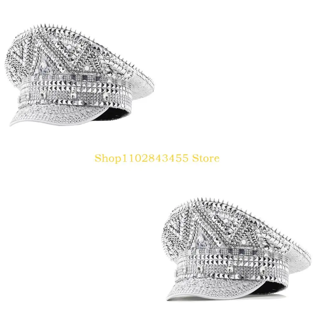 49MC Sparkling Captain Hat Heavy Crystal Sequins Charm Hat for Bachelorette Party Captain Hat Bride Hat for Actor Actress