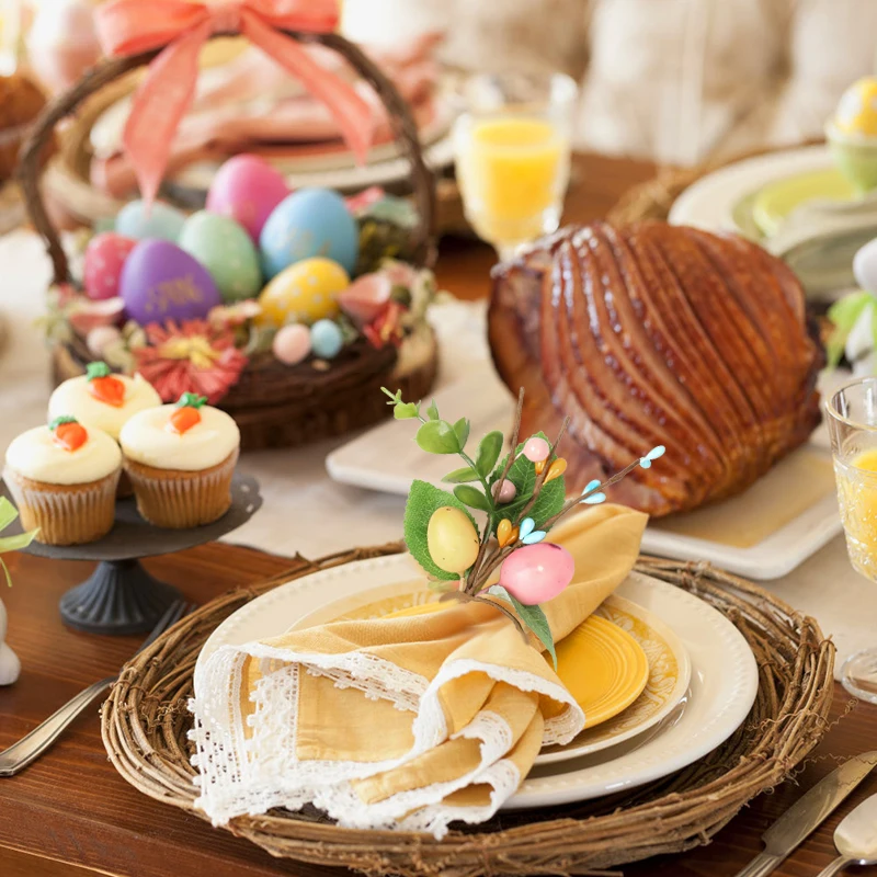 6/1pcs Easter Bunny Eggs Napkin Ring Holders Artificial Plants Napkin Buckles Happy Easter Party Home Table Decoration Supplies