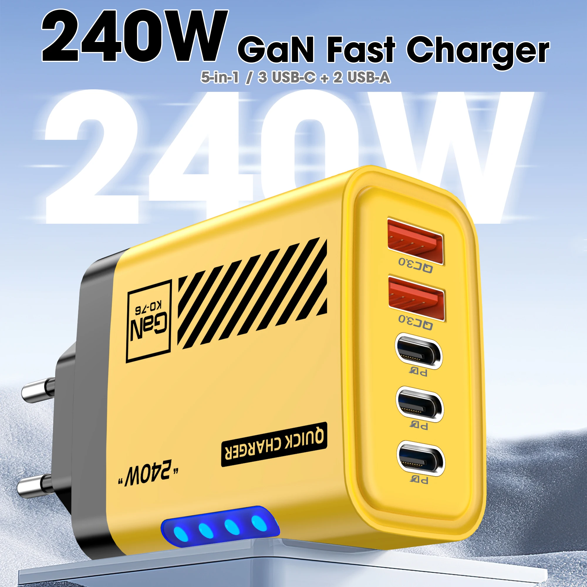 5 in 1 GaN USB C Charger 240W Multi Ports Fast Charging Wall Charger with LED USB PD Adapter For iPhone 16 Xiaomi Samsung Tablet