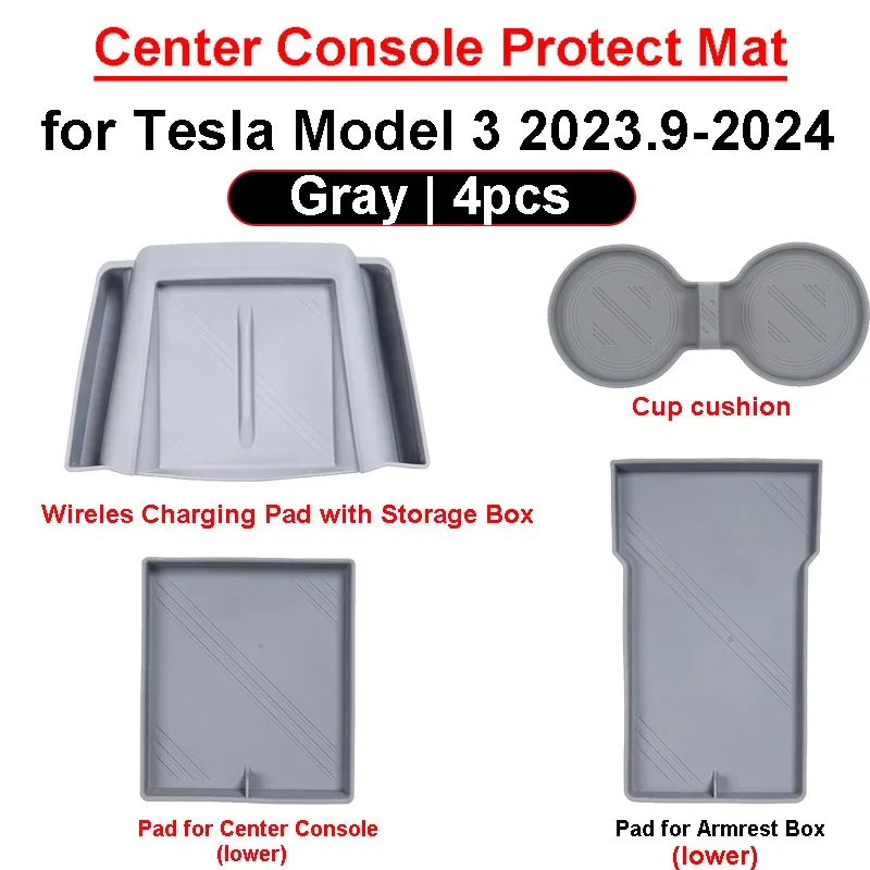 for Tesla Model 3 Highland 2024 Center Console Protector Mat Armrest Storage Organizer Tray Wireless Charge Pad Cup Accessories