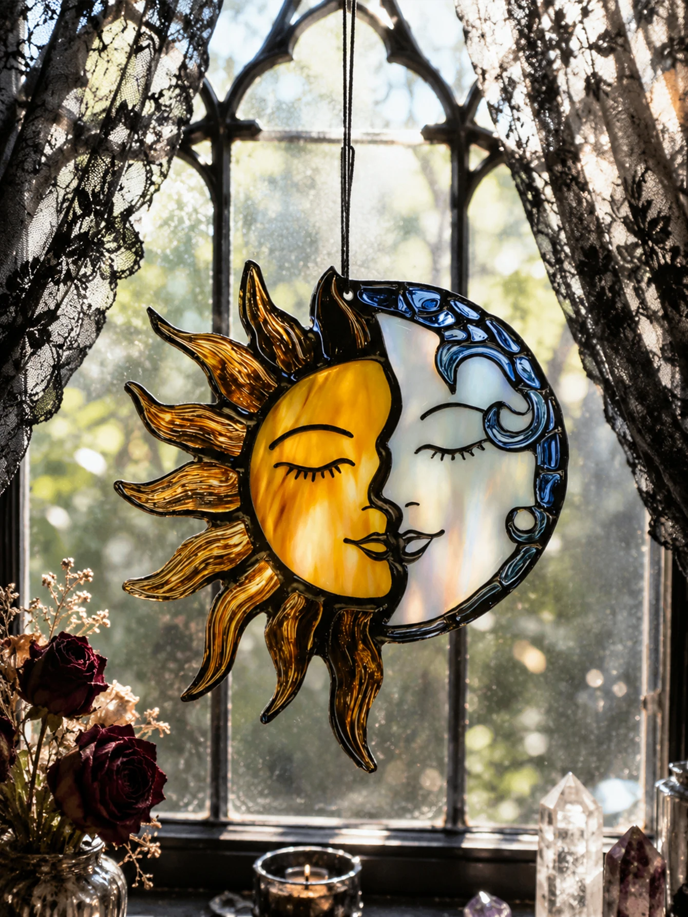 Ciondolo acrilico Sun Moon Kiss per finestra, decorazione da parete per la casa, arte gotica da interno, ciondolo acrilico per intrappolare l'arcobale