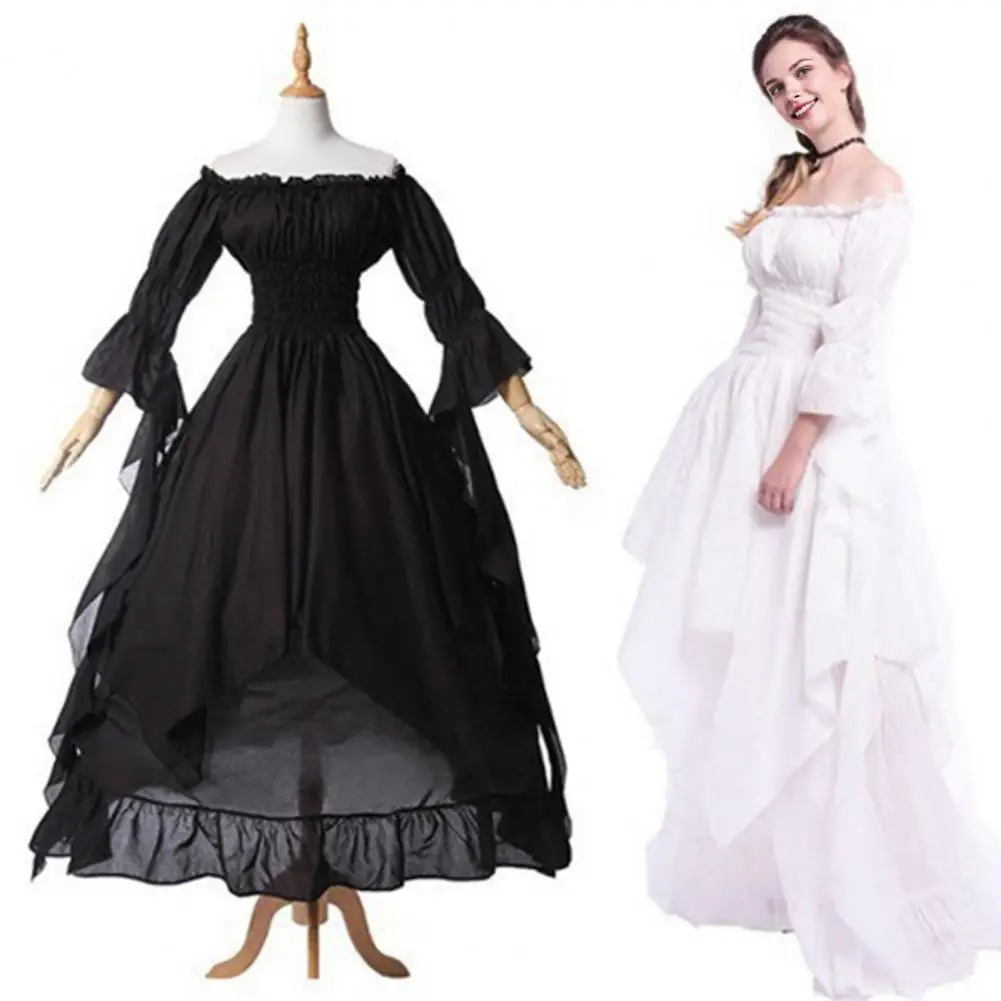 Slim Waist Design Dress Elegant Princess Maxi Dress with Off Shoulder Design Long Horn Sleeves Irregular Layered for Renaissance