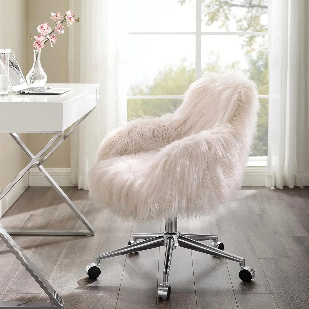 Chrome Base Office Chair, Metal, Pink Faux Fur Upholstered Seat and Back, Adjustable Seat Height Fashionable Office Chairs