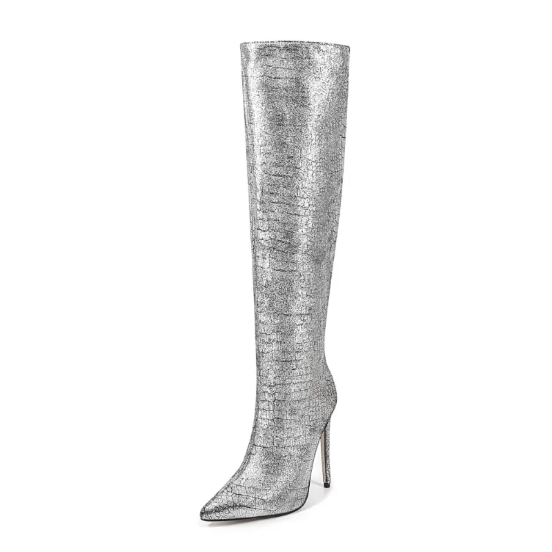 2024 European and American Style High-heeled Burst Metal Snake Patterned Leather Knee High Zipper Fashion Women's Boots