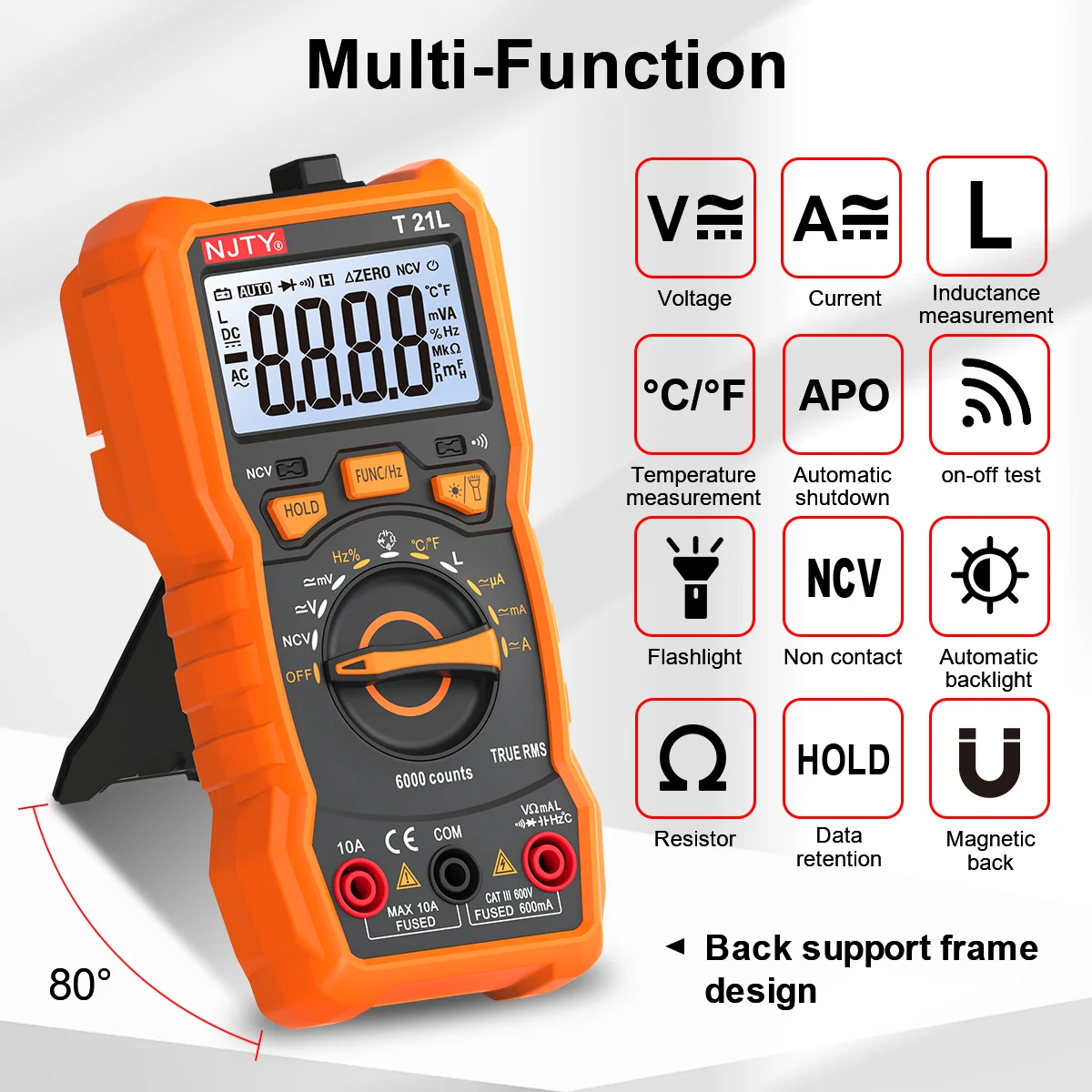 NJTY T21L Inductance Digital Multimeter 600μH-60H Range Duty Cycle 0.1-99% Temp DC AC Amp Voltage Resistance Capacitance NCV Hz