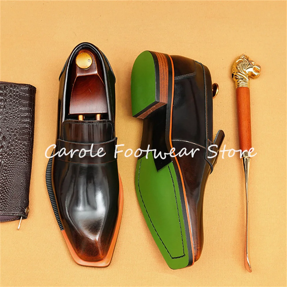 

British Style Mixed Color Genuine Leather Loafers for Men Wedding Business Formal Shoes Male Square Toe Chunky Heel Derby Shoes