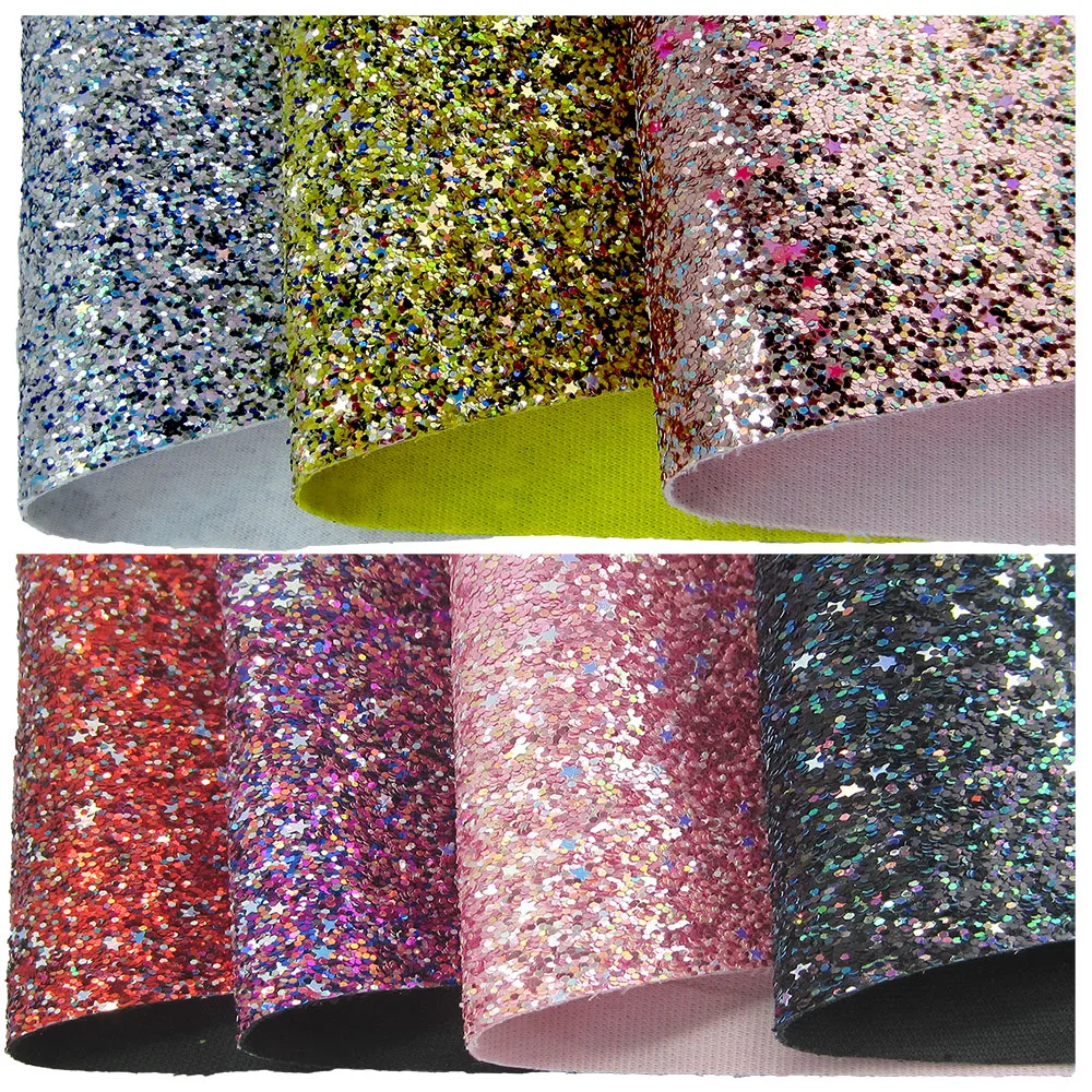 Mini Roll 30x134cm Multicolour Mix Star Chunky Glitter Fabric With Elastic Soft Backing Leather  AY269