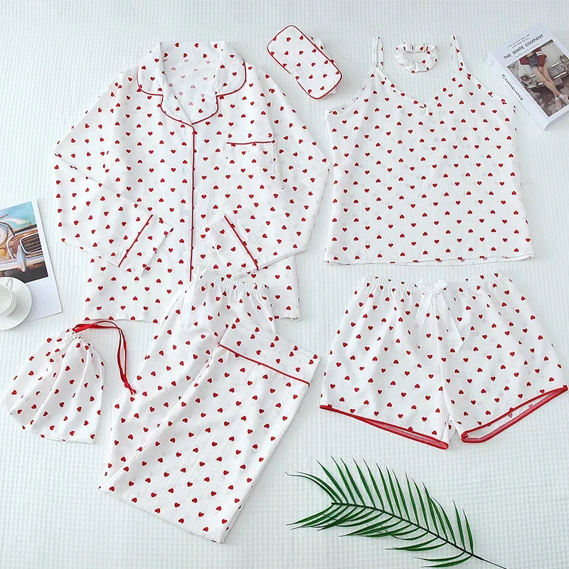 Women Pajama Set Striped Pajamas 7-Piece Set Women Bubble Wrinkle Homewear Long Sleeve Pants Eye Mask Set Sleepwear