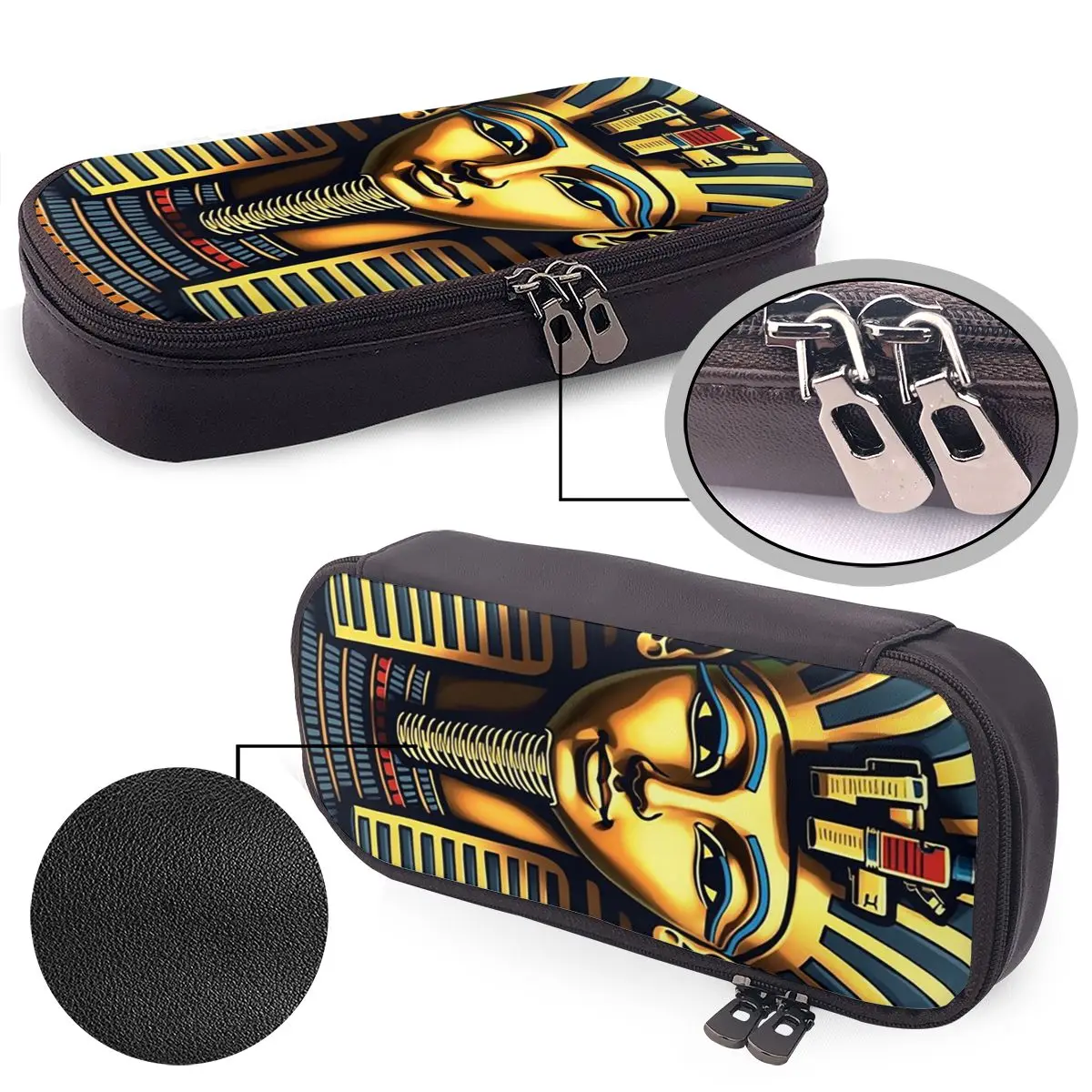 Egyptian Pharaoh With Golden Crown Illustration Leather Pencil Case Pen Holder Storage Stationery Supplies Pen Box Pencil Bag