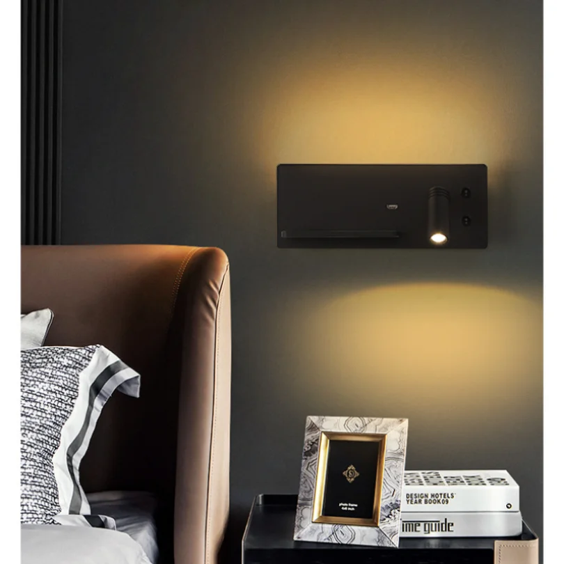 Carregamento sem fio LED Wall Sconce Light, Lâmpada moderna para o quarto, cabeceira, Hotel, Rotação, Iluminação de leitura, USB Charge, Decoração