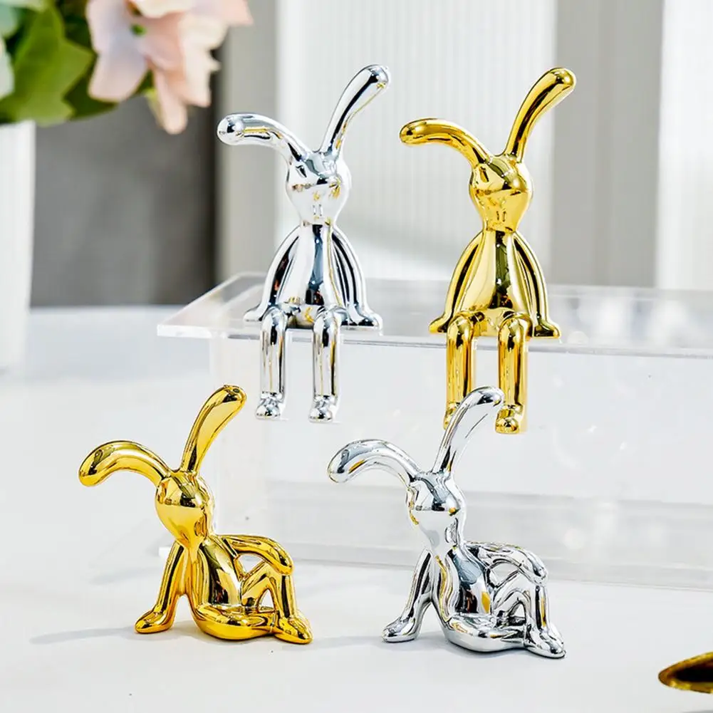 Durable Plastic Bunny Statue Adorable Long Ear Bunny Figurines Uv Electroplated Sitting Rabbit Models for Car Dashboard