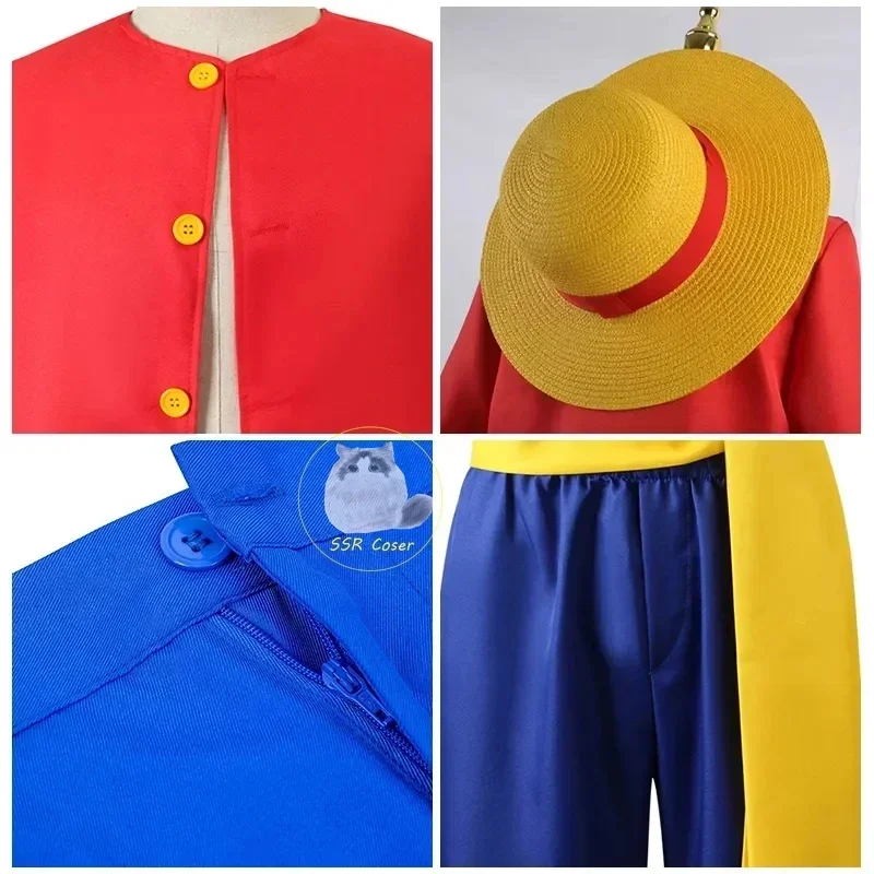 Anime Luffy Cosplay Costume Uniform Luffy Straw Hat Red Jacket Halloween Carnival Party Costumes for Men Women Adult Children