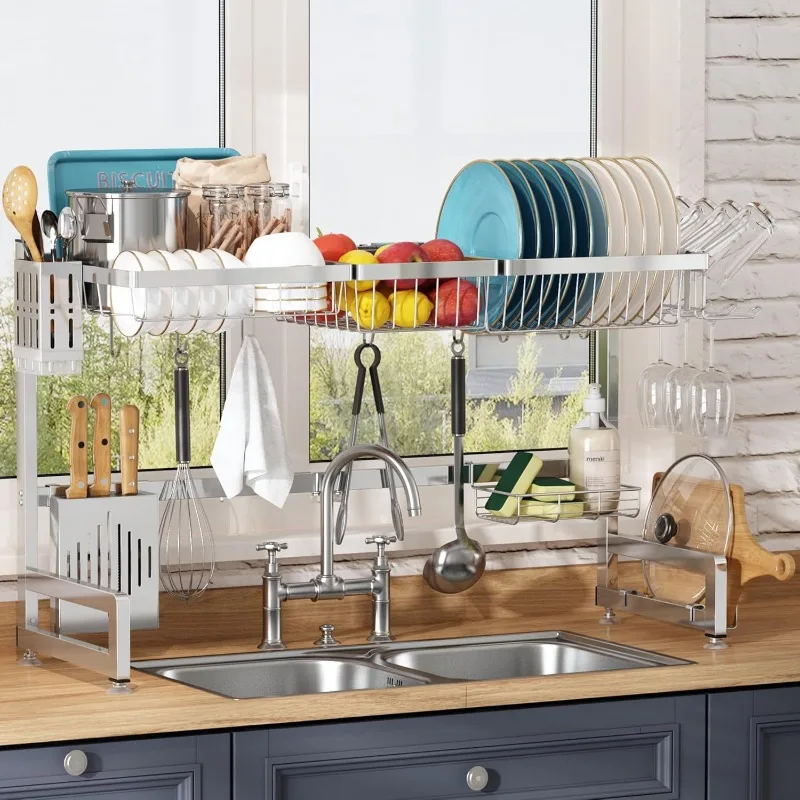 

Over The Sink Dish Drying Rack, 2-Tier Adjustable Length(33.5-36.2in) Stainless Steel Dish Rack Over Sink