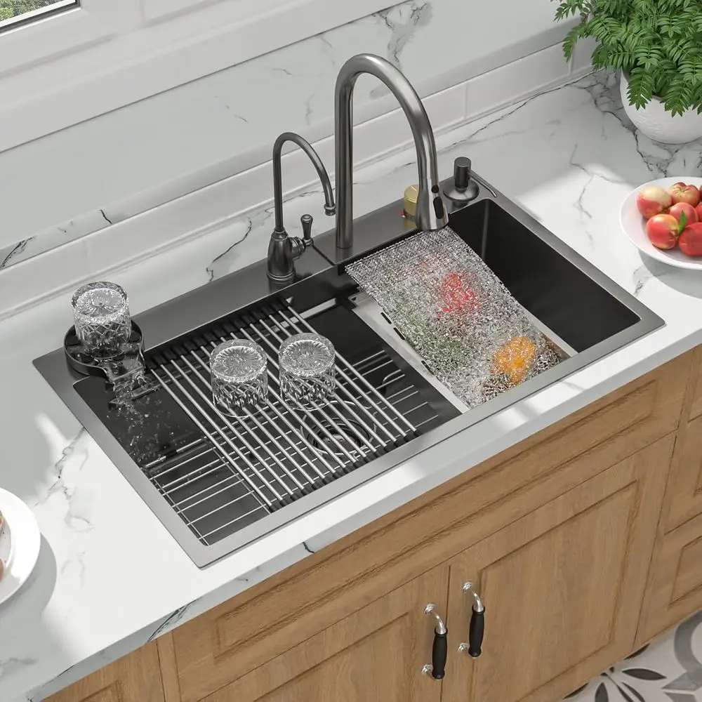 

Кухонная мойка Black Drop-In, 33 дюйма, из нержавеющей стали 16G, с одной чашей, смесителем и комплектом аксессуаров