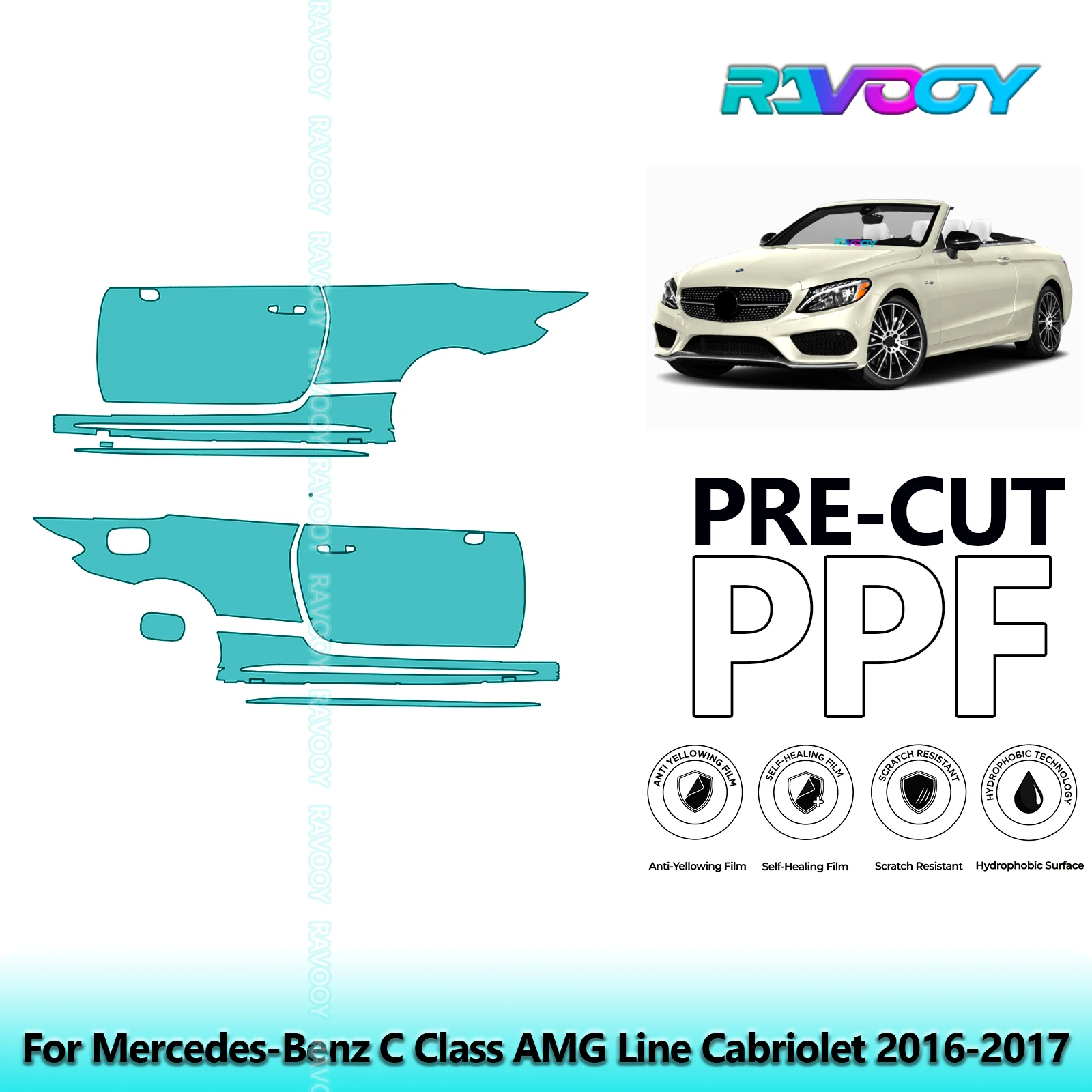

For Mercedes-Benz C Class AMG Line Cabriolet 2016-2017 8.5mil Pre-Cut PPF Door & A/B Pillar Kit TPU Paint Protection Film Set