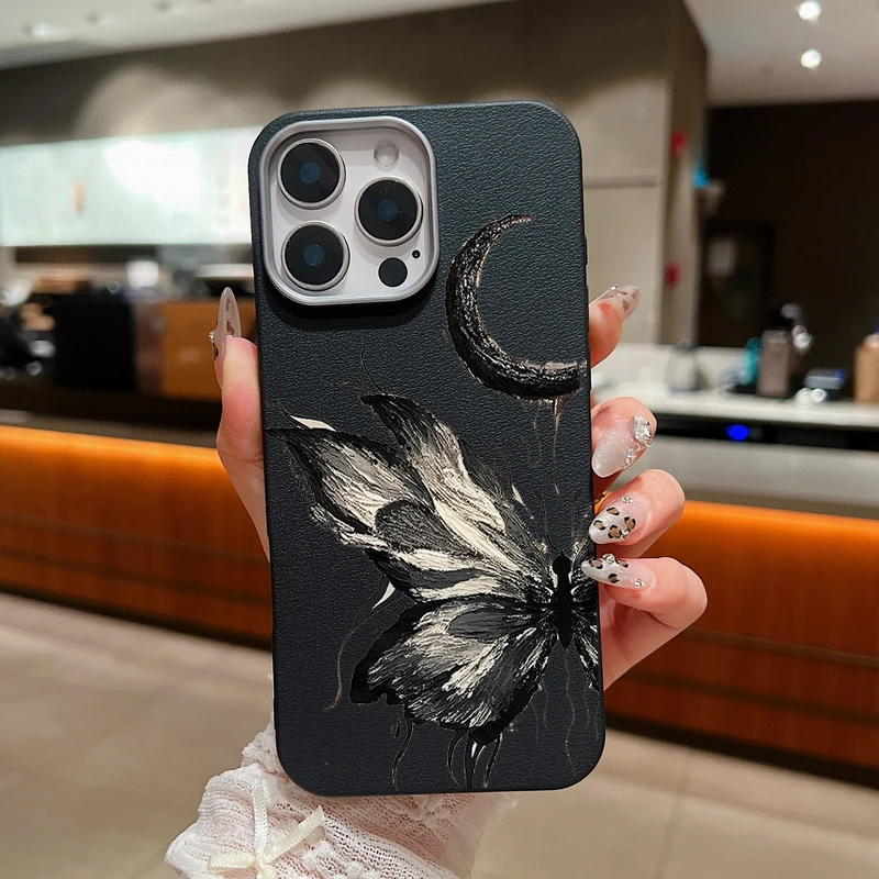 Ink Color Butterfly Case For iPhone 16 Pro Max Coque iPhone 11 12 13 14 15 Pro Max SE Luxury Leather Texture Soft Silicone Cover