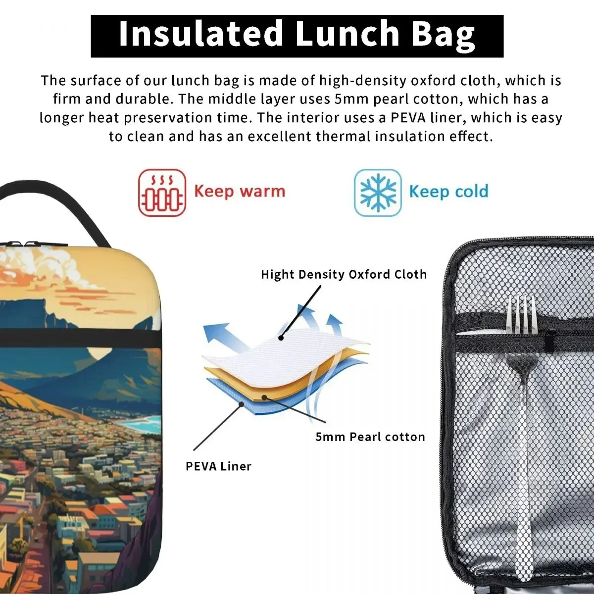 Bestselling A Pop Art Travel Print Of Cape Town - South Africa Patchwork Insulated Food Bag Hiking Snack Lightweight Lunch Bag