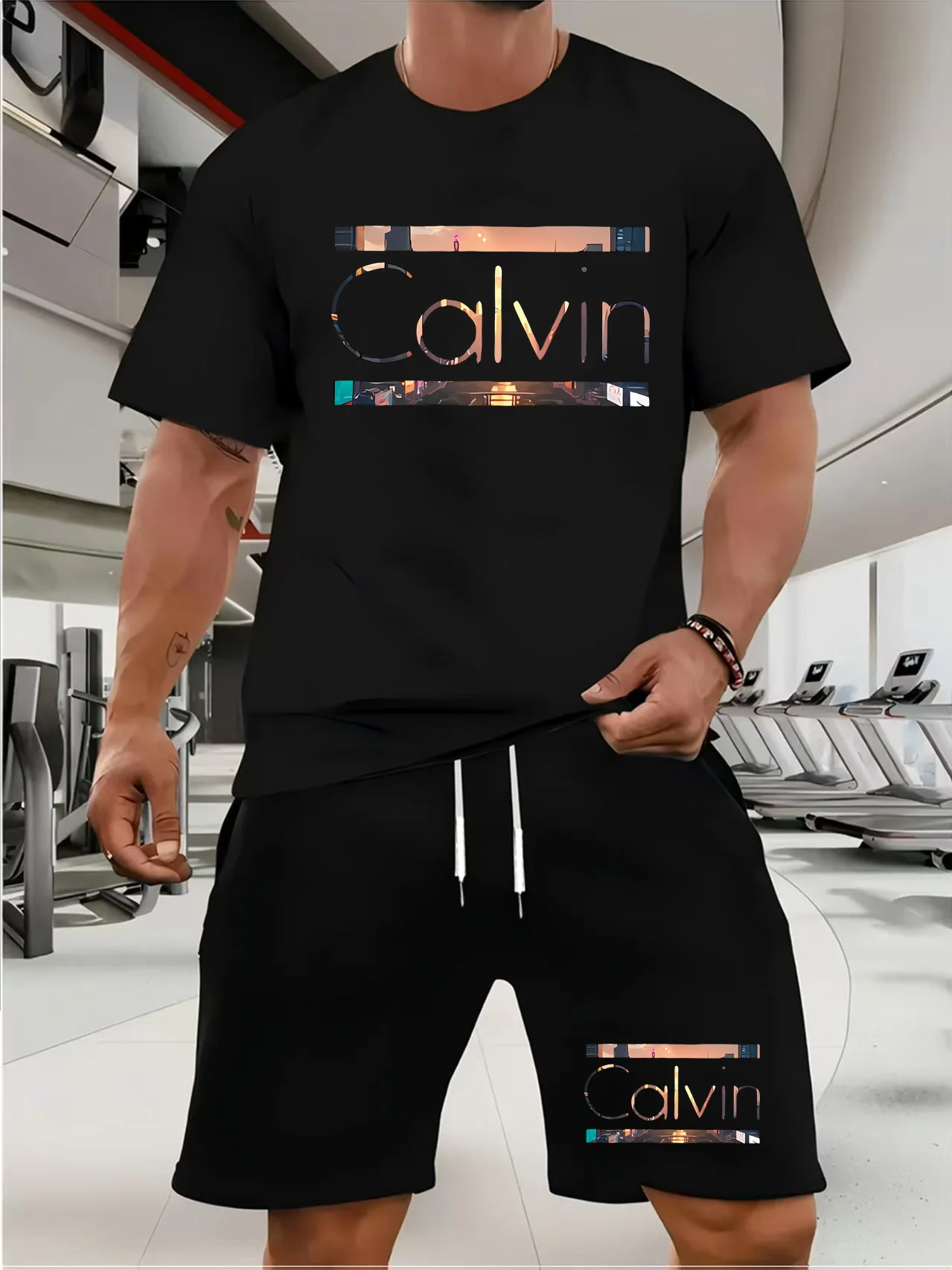 

calvin Men's new fashion summer sports printing crew-neck Mesh surface T-shirt shorts short-sleeved suit Loose two-piece set