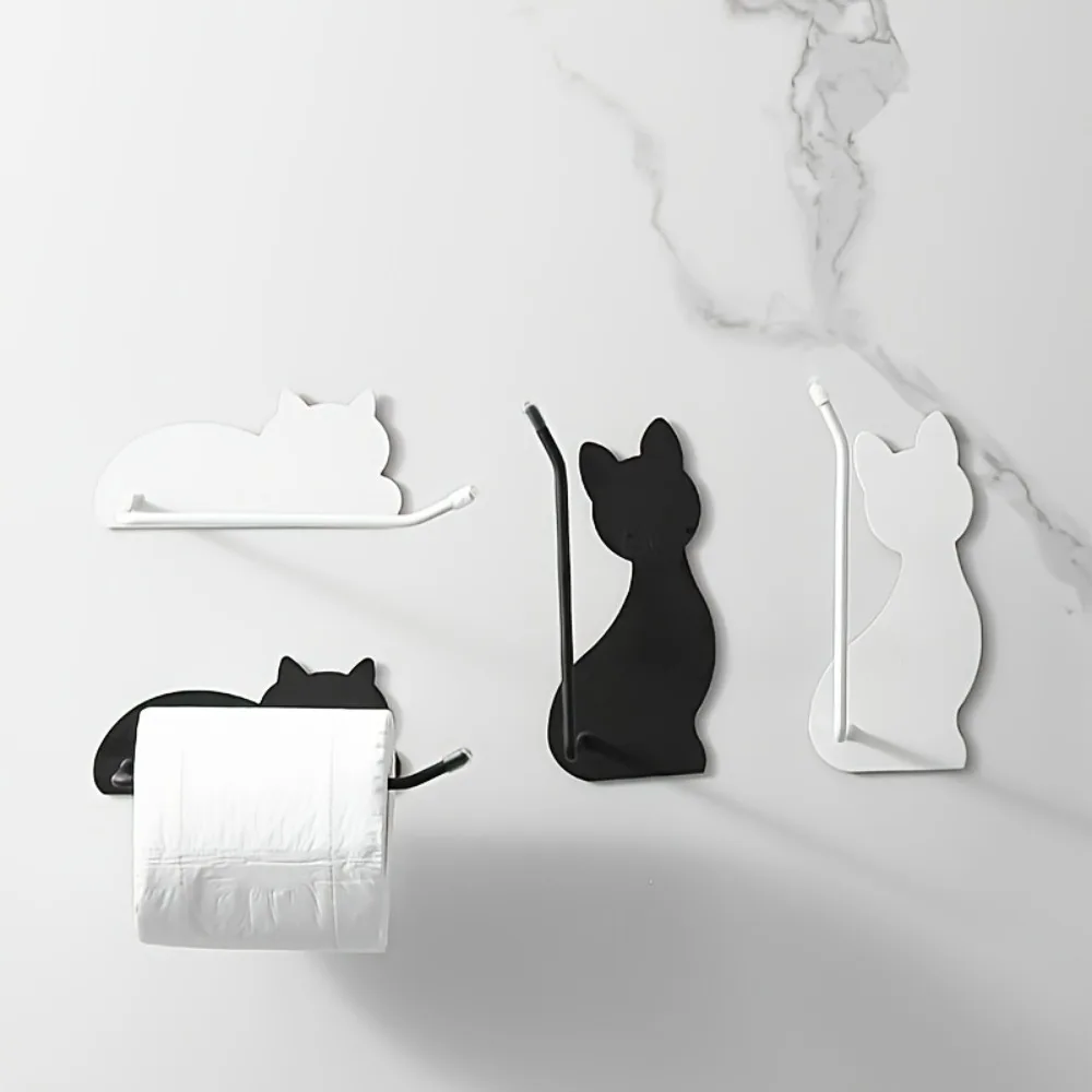 Cat Shaped Wall Mounted Toilet Paper Holder Stainless Steel Punch-Free Bathroom Kitchen Tissue Roll Dispenser Multi-Purpose 1PC