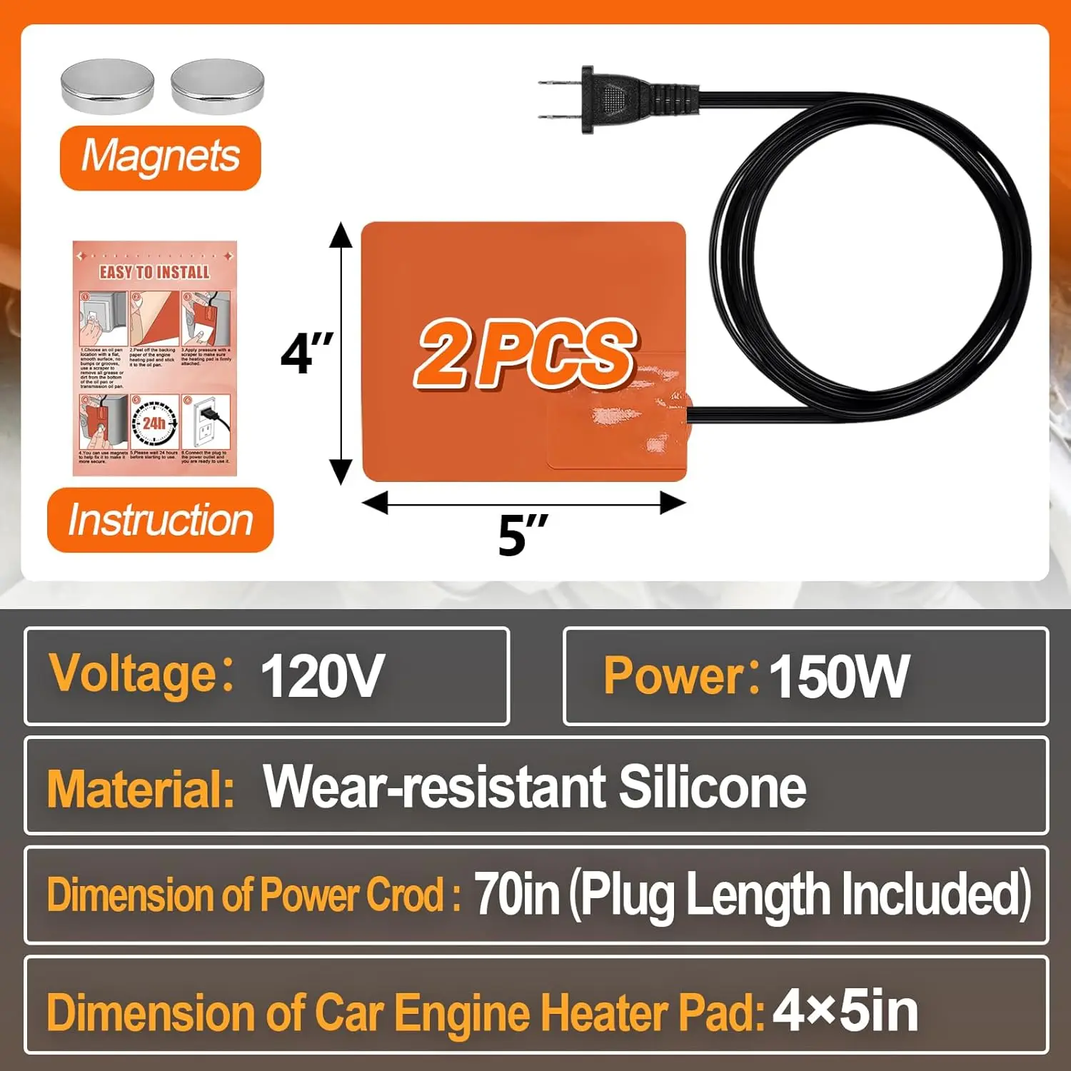 سخان زيت المحرك السيليكون 4x5 بوصة، 194 ° F واقي حراري، سلك 68 بوصة، ذاتي اللصق، 120 فولت 150 وات، قطعتان