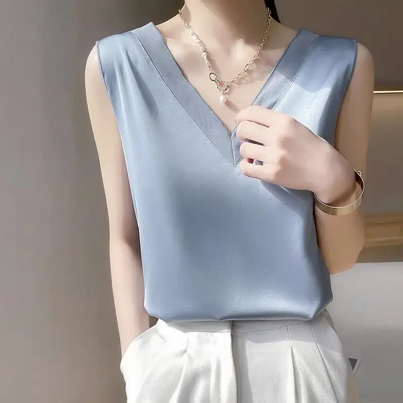 Strap Top Women Halter V Neck Basic White Cami Sleeveless Satin Silk Tank Tops Women\'S Summer Camisole Large Size Fashion