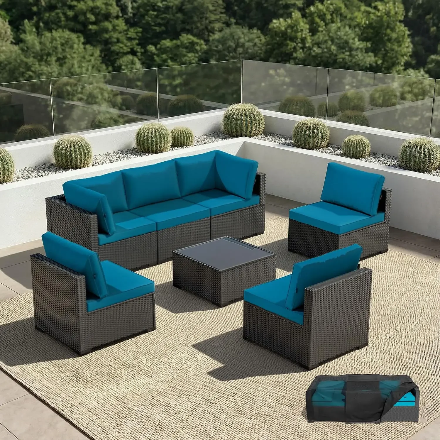Patio Furniture Set - All-Weather - 7 Piece Patio Outdoor Conversation Set, Modular Wicker Rattan Sectional Sofa for Backyard