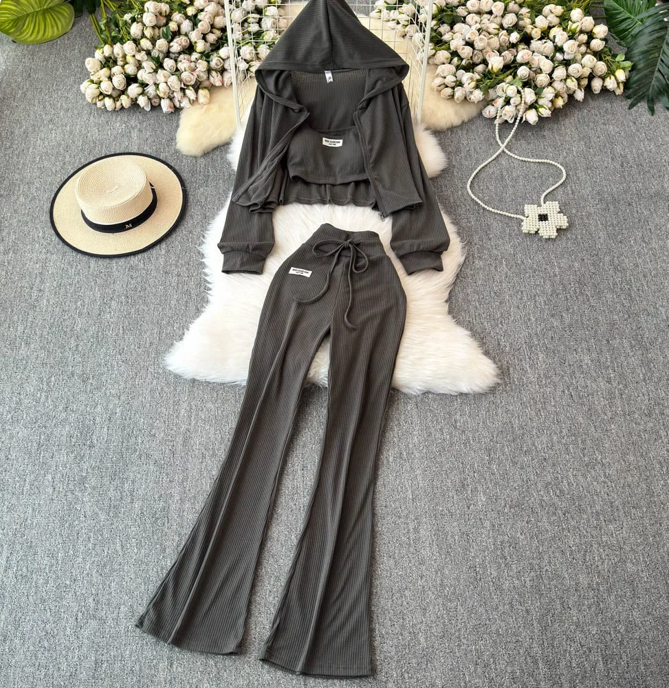 Chic Women Three-Piece Sets Knit Zipper Hooded Top and Straps Tank Top and High Waist Flare Pants Korean Slim Casual Clothing