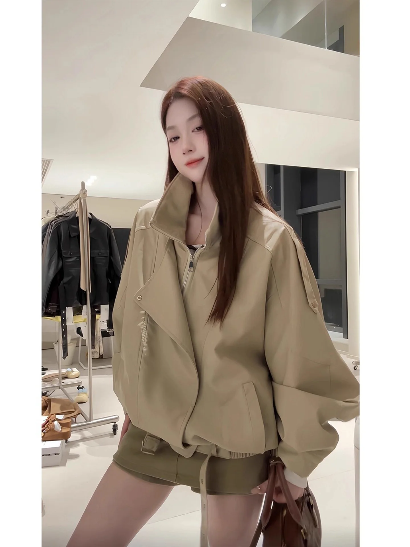 Cool Textured Biker Leather Jacket Women's Casual Style Spring Autumn Unique Super Beautiful Top Sleeve Zipper  Color