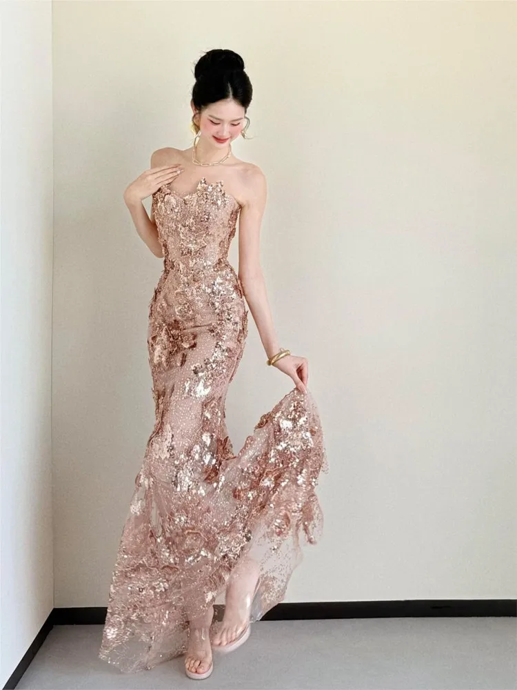 Golden strapless heavy industry toasting light luxury niche banquet host dress