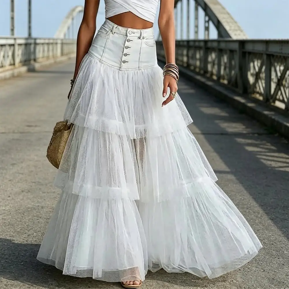 Breathable Women Skirt High Waist Mesh Splicing Skirt Patchwork Hip Covering Versatile Maxi Skirt for Party Wedding Night Out
