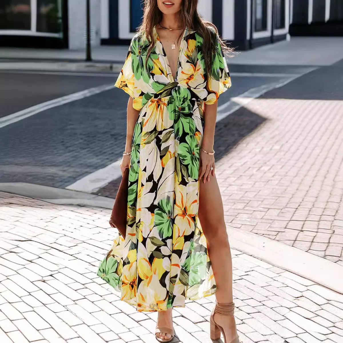 Vestidos florais boêmios para mulheres, decote em v casual, mangas curtas, vestido bohe, fenda sexy de cintura alta, vestido longo, moda festa de verão